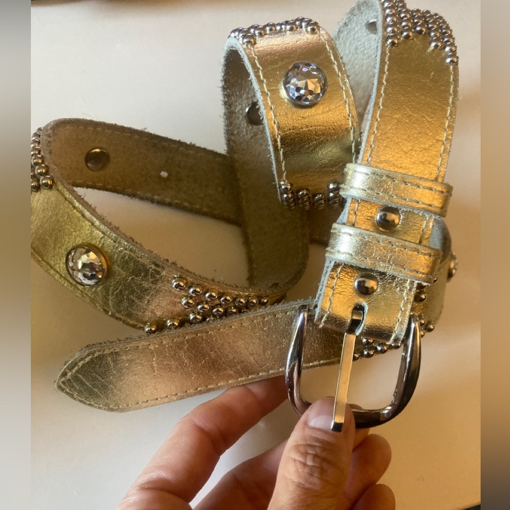 Leather Gold Metallic Belt stud crystals rhinestone western 80’s 26” - 30” mob